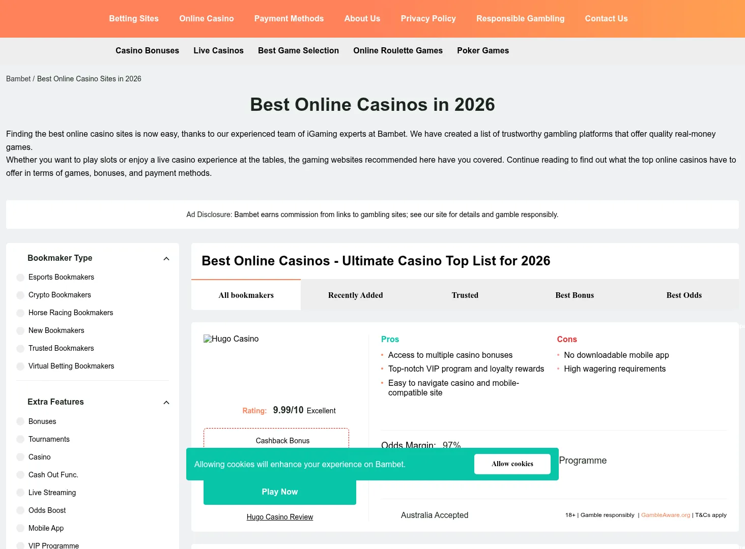 Bambet Casino desktop interface with casino and account features